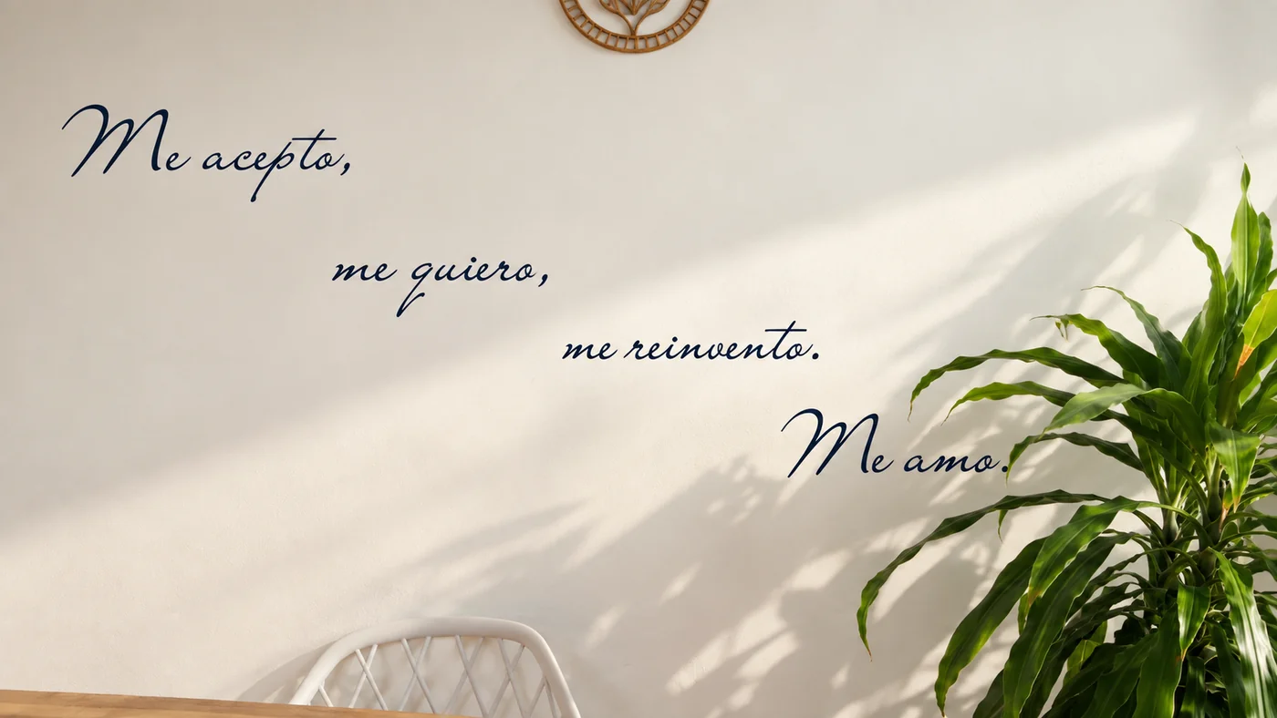 Mantra de BÖTH en la pared: Me acepto, me quiero, me reinvento, me amo, junto a una planta iluminada por el sol.