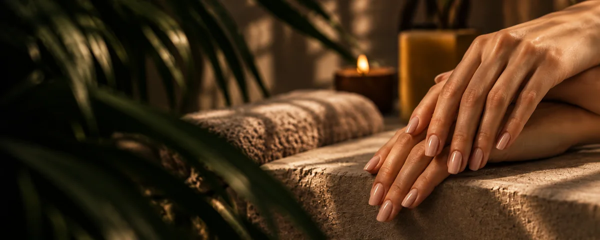 Manos con uñas cuidadas en un ambiente de spa cálido